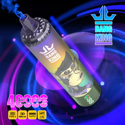 A Bang King Blueberry Grape vape device emitting blue vapor, featuring a cartoonish monkey wearing sunglasses on the body, set against a futuristic background with purple and blue light rings, with text highlighting 40000 puffs, USB Type-C charging, 1000 mAh battery, and 1.0 ohm mesh coil specifications.