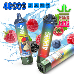 Three colorful disposable vape devices labeled '40 PUFFS' and 'BANG KING' with a blueberry raspberry flavor, surrounded by splashing water and fresh berries including raspberries, blackberries, and blueberries.