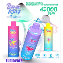 Three colorful Bang King Triple vape devices in pink, purple, and yellow-to-blue gradient with labels highlighting strawberry kiwi, watermelon, and juicy lime flavors, accompanied by text advertising 45,000 puffs, 10 flavors, 3-in-1 switch, and technical specs like Type-C charging, 650mAh battery, and 1.0 mesh coil.