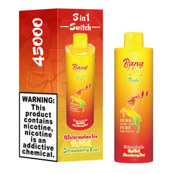 Bang King Triple disposable vape device and packaging showing 45000 puffs, 3in1 switch, flavors Watermelon Ice, Red Bull, Strawberry Kiwi, with a colorful deer logo and a nicotine warning label