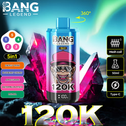 Bang Legend 120K disposable vape device with a pink label featuring a cartoon monkey wearing sunglasses and a hat, set against a vibrant background with glowing pink crystals and northern lights, highlighting features such as 5in1 flavors, 360-degree rotation, mesh coil, 50ml capacity, and Type-C charging