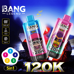 Two colorful Bang Legend 5in1 120K vape devices with cartoon ape designs, one blue with a pink hat ape and the other pink with purple ape wearing sunglasses, set against fiery glowing coals, highlighting features like mesh coil, 50ml capacity, and Type-C charging.