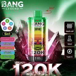 Colorful 5-in-1 Bang Legend vape device with a 120K puff count, featuring flavors strawberry kiwi, blueberry watermelon, gummy bear, blueberry bubble gum, and sour mango pineapple, displayed with mesh coil, 50ml capacity, and Type-C charging icons on a green and pink crystal-like background.