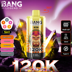 Yellow Bang Legend 120K 5-in-1 disposable vape device with gorilla illustration, surrounded by colorful flavor labels, 360-degree rotation arrow, mesh coil, 50ml capacity, and Type-C charging icons against a purple and black rocky background.