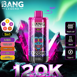A vibrant pink and purple vape device with a blue monkey wearing sunglasses on it, labeled 120K and 5 in 1, surrounded by icons indicating 360-degree use, five mesh coils, 50ml capacity, and Type-C charging, set against glowing purple crystals and a blue-green aurora background with the brand name Bang Legend.