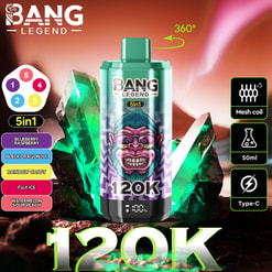 A greenish cylindrical Bang Legend 5in1 vape device surrounded by glowing green crystals with text indicating 5 flavors, 5 mesh coils, 50ml capacity, and Type-C charging, set against a reddish blurred background.