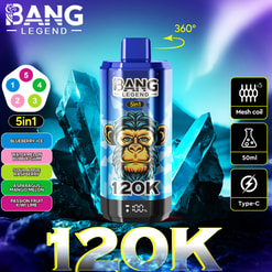 A blue disposable vape device labeled Bang Legend 5in1 120K, with a 360-degree rotation arrow above it, surrounded by illustrations indicating five flavor options (blueberry ice, watermelon bubble gum, sour apple raspberry, asparagus mango melon, passion fruit kiwi lime), and icons showing mesh coil x5, 50ml capacity, and Type-C charging, set against a background of blue crystals and aurora-like lights.