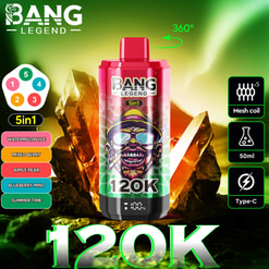 Red Bang Legend 5-in-1 disposable vape device with a colorful graphic of a man wearing sunglasses and a hat, displayed against a green and yellow background with crystal formations, highlighting features like 120K puffs, mesh coil x5, 50ml capacity, and Type-C charging, and showing five flavor options: Watermelon Ice, Mixed Berry, Apple Pear, Blueberry Mint, and Summer Time.