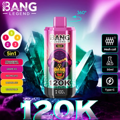 Bang Legend 5-in-1 disposable vape device with 120K puffs, featuring a colorful design with a purple gorilla wearing sunglasses on the center, surrounded by flavor options including strawberry watermelon, grape ice, red mojito, banana ice, and lemon lime, and technical features like 5 mesh coils, 50ml capacity, and Type-C charging, all set against a vibrant icy crystal background with 360-degree rotation indication.