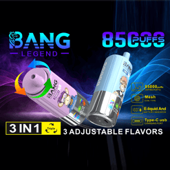 Two Bang Legend 3-in-1 disposable vapes with cartoon monkey designs, highlighting 85,000 puffs, mesh coil type, e-liquid and battery indicator, and Type-C USB charging, with 3 adjustable flavors indicated by colorful arrows.