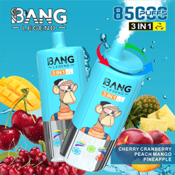 Deux dispositifs de vapotage jetables 3 en 1 Blue Bang 3 en 1 avec une saveur graphique et de canneberge de cerise, entourée de mangue fraîche, de cerises, de canneberge, d'ananas et de pêche sur un fond bleu avec du texte indiquant 8500 bouffées et des saveurs de fruits.