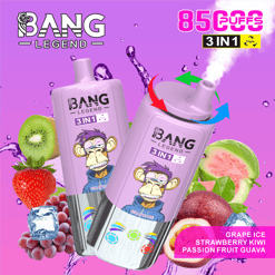 Two Purple Bang Legend 3 en 1 dispositif de vape jetable avec un singe de dessin animé portant des lunettes de soleil et un sweat à capuche, entouré d'images de raisin, de kiwi, de fraises, de fruits de passion, de goyave et de cubes de glace, avec du texte mettant en évidence 8500 bouffées et des saveurs de save