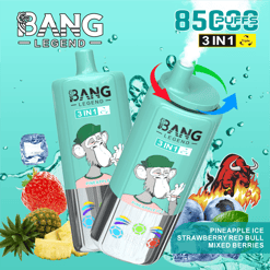 Deux appareils de vape jetables de la légende du bang de couleur sarcelle avec un singe illustré portant une casquette verte et une chemise rose, étiquetée 