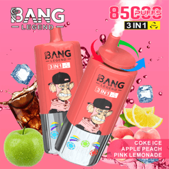 Deux dispositifs de vapotage de légende du Bang Red avec des singes de dessins animés sur eux entourés de glaçons, de pomme verte, de pêche, de tranches de citron et d'une touche de cola, indiquant des saveurs de glace de coke, de pêche aux pommes et de limonade rose avec un fond rose et un texte en surbrillance 8500 bouffées et 3 en 1 saveur triple