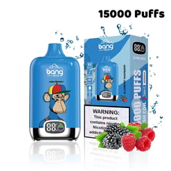 Blue Bang Box vape device with a cartoon monkey wearing a multicolored cap, alongside its packaging showing blueberry raspberry flavor and 15000 puffs capacity, with images of blackberries and raspberries and a nicotine warning label.