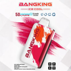 A white and red BANGKING DeplhiTech vape device with red and orange abstract paint streaks, shown against a white background with red brush strokes, advertising 50,000 puffs, 25ml e-liquid, 850mAh rechargeable battery, Type C charging, and 5 levels of adjustable coolness with ice cube icons.