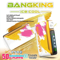 Two BANGKING ice cool vaping devices with white, yellow, and pink design positioned with product specifications including 50,000 puffs, 25ml eliquid, 850mAh rechargeable battery, Type C charging, and 5 levels of adjustable coolness