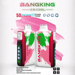 Two BangKing ice cool strawberry watermelon flavored vape devices with a pink and green brushstroke design, showing front and back views, alongside text indicating 50,000 puffs, 25ml e-liquid, 850mAh rechargeable battery, and adjustable coolness levels.