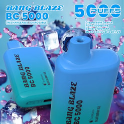 Two blue Bang Blaze BC 5000 disposable vape devices with a blueberry ice flavor, surrounded by blueberries, ice cubes, and purple liquid droplets, highlighting 5000 puffs and 600mAh battery capacity.