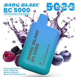 Blue gradient Bang Blaze BC 5000 disposable vape device with blueberry and raspberry ice flavor text, surrounded by splashes of purple liquid and fresh berries including raspberries, blackberries, and blueberries