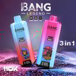 キラキラした表面に漫画の猿のアートワークが施された、ブルーとピンクのグラデーションの Bang Legend 3in1 VAPE デバイス 2 台。.