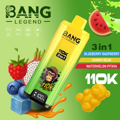 Bang Legend 10K 3in1 yellow vape with fruit art and flavors Blueberry Raspberry, Gummy Bear, Watermelon Pitaya.