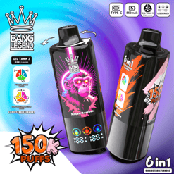 Two black Bang Legend vape devices with a glowing monkey face and colorful LED screen displaying 150k puffs; one labeled Mixed Berries and the other with 6-in-1 adjustable flavors in bright background with icons for Type-C, 850mAh battery, 6 flavors, LED screen, and flavor combination options.