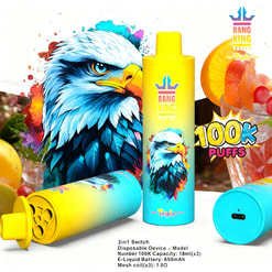 Vibrant yellow-blue Bang King 100K puff disposable vape featuring an eagle illustration and fruit background.