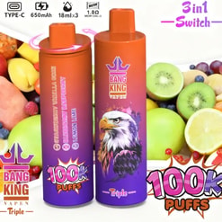 Two orange gradient vape bottles with Bang King branding, one showing an eagle graphic, against a fruit backdrop with 100K Puffs.