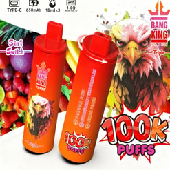 Two orange Bang King vape devices with an eagle logo and 100k Puffs text on a colorful fruit-themed background.