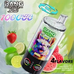 BANG Leader energy bottle with a colorful llama graphic, surrounded by lemons, limes, strawberries and watermelon; 4 flavors.