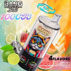 Bright Bang energy ad with a clear bottle amid fruit splashes and the 4 flavors label, lemon lime and watermelon ice.