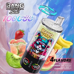 Vape juice bottle featuring a sunglasses-wearing bunny mascot, with a fruit-filled background and four flavors: Pink Lemonade, Kiwi Passion Fruit Guava, Peach Berry, Strawberry Banana.