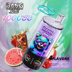 Vape bottle with purple label and blue panda in sunglasses, set against a bright fruit background; four flavors.