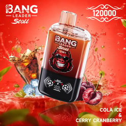 Anuncio de color rojo brillante que presenta una botella Bang Leader Stoli 2 en 1 con el logotipo de un gorila sonriente, rodeada de bebidas y frutas.
