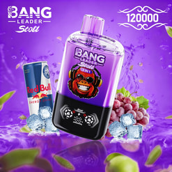 Botella Purple Bang Leader Stoll 2 en 1 con un gorila con logo de auriculares, mostrada con una lata de Red Bull, uvas y cubitos de hielo.