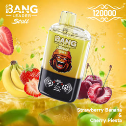 Un dispositivo de vapeo Bang Leader Stoll, amarillo y negro con el logo de un gorila de dibujos animados, en ángulo sobre un fondo naranja con fresas, plátanos y cerezas.