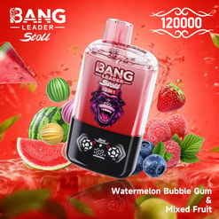 Bang Leader Stoll botella portátil 2 en 1 con logo de gorila morado, etiqueta rosa, sobre un fondo de frutos rojos.