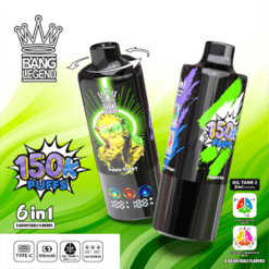 Due dispositivi di vaporizzazione Bang Legend neri con disegni al neon colorati e testo che indica 150.000 boccate, gusti 6 in 1 e specifiche tecniche, posizionati su uno sfondo sfumato verde e bianco.