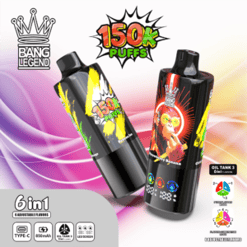 Due dispositivi di vaporizzazione usa e getta neri con cartoni colorati e grafica al neon, uno con una scimmia e l'altro con l'etichetta '150K Puffs', su uno sfondo viola e arancione fluido e vibrante, con loghi che indicano sapori 6 in 1, batteria da 850 mAh e ricarica di tipo C.