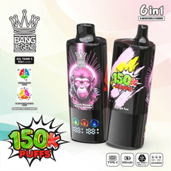 Due dispositivi di vaporizzazione Bang Legend neri con vivaci illustrazioni rosa e gialle, uno dei quali presenta un'etichetta con la faccia di una scimmia rosa brillante 
