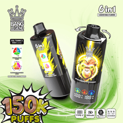 Due dispositivi di vaporizzazione cilindrici neri con marchio colorato che mostra i gusti Kiwi, Ananas, Ghiaccio e Ananas, Cocco, posizionati su uno sfondo chiaro con grafica a onde verdi, con icone e testo che evidenziano 6 gusti regolabili, 150.000 boccate, ricarica di tipo C, batteria da 850 mAh e schermo LED.