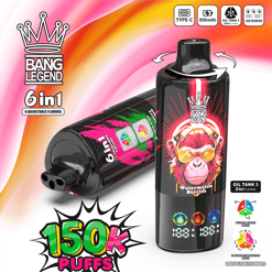 Bang Legend 6 in 1 vape bottle set, Watermelon Berries flavor, cartoon monkey crown logo, 150K puffs.
