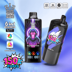 Due dispositivi di vaporizzazione usa e getta BANG LEGEND 6 in 1 neri e viola con etichette colorate e icone del display digitale, che evidenziano una batteria da 650 mAh, ricarica di tipo C, flusso d'aria regolabile e fino a 150.000 sbuffi.