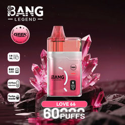 Vape jetable Pink Bang Legend Love 66 sur fond de cristal rose, comprenant 19 ml, 850 mAh, débit d'air réglable, mode turbo et 60 bouffées.