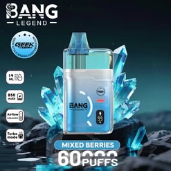 Vape pod bleu Bang Legend avec affichage numérique, fond cristal; Baies mélangées, 60 bouffées, 850 mAh, débit d'air réglable.