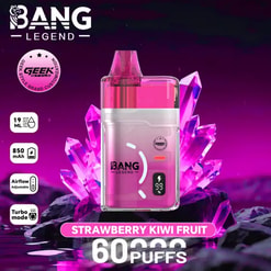 Vape jetable Bang Legend fraise kiwi avec liquide rose, fond de cristal rose et 60 000 bouffées.