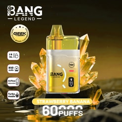 Vape jetable jaune Bang Legend au goût fraise banane, 60 bouffées; 19 ml, 850 mAh, airflow réglable, mode turbo.