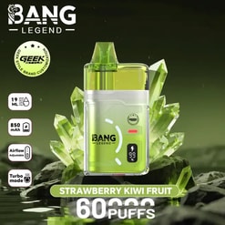 Vape jetable Bang Legend vert citron vif avec une saveur de fraise kiwi, sur fond de graphismes en cristal et d'une étiquette bien visible de 60 bouffées.