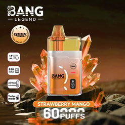 Vape jetable Orange Bang Legend étiquetée Strawberry Mango, avec fond en cristal; affiche 60 bouffées, 19 ml, 850 mAh, débit d'air réglable, mode turbo.